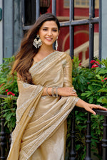 Thumbnail for Vastranavya Beige Embroidery Work Shimmer Chiffon Saree with Unstitched Blouse