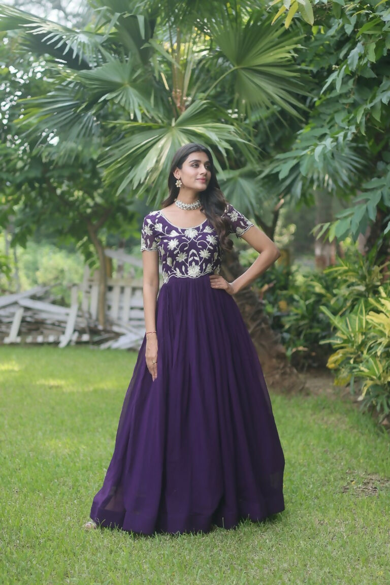 Jyoti Fashion Women's Purple Sequins Embroidered Faux Georgette Anarkali Dress - Distacart