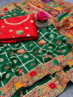 Thumbnail for Lorenvalley Fashion Premium Green Dola Silk Embroidery and Diamond work with Jacquard Lace Border Saree - Distacart