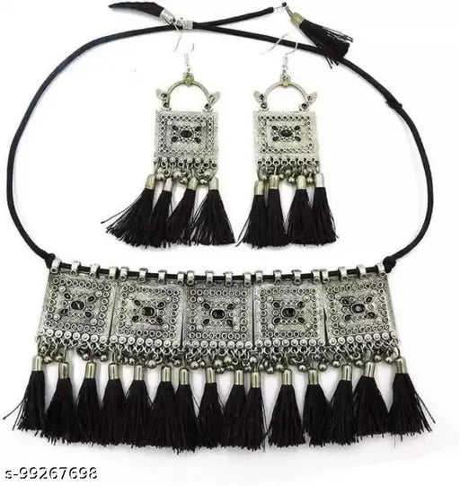 Tehzeeb Creations Women's Silver Colour Oxidised Necklace And Earrings With Black Yarn Design - Distacart