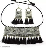 Thumbnail for Tehzeeb Creations Women's Silver Colour Oxidised Necklace And Earrings With Black Yarn Design - Distacart