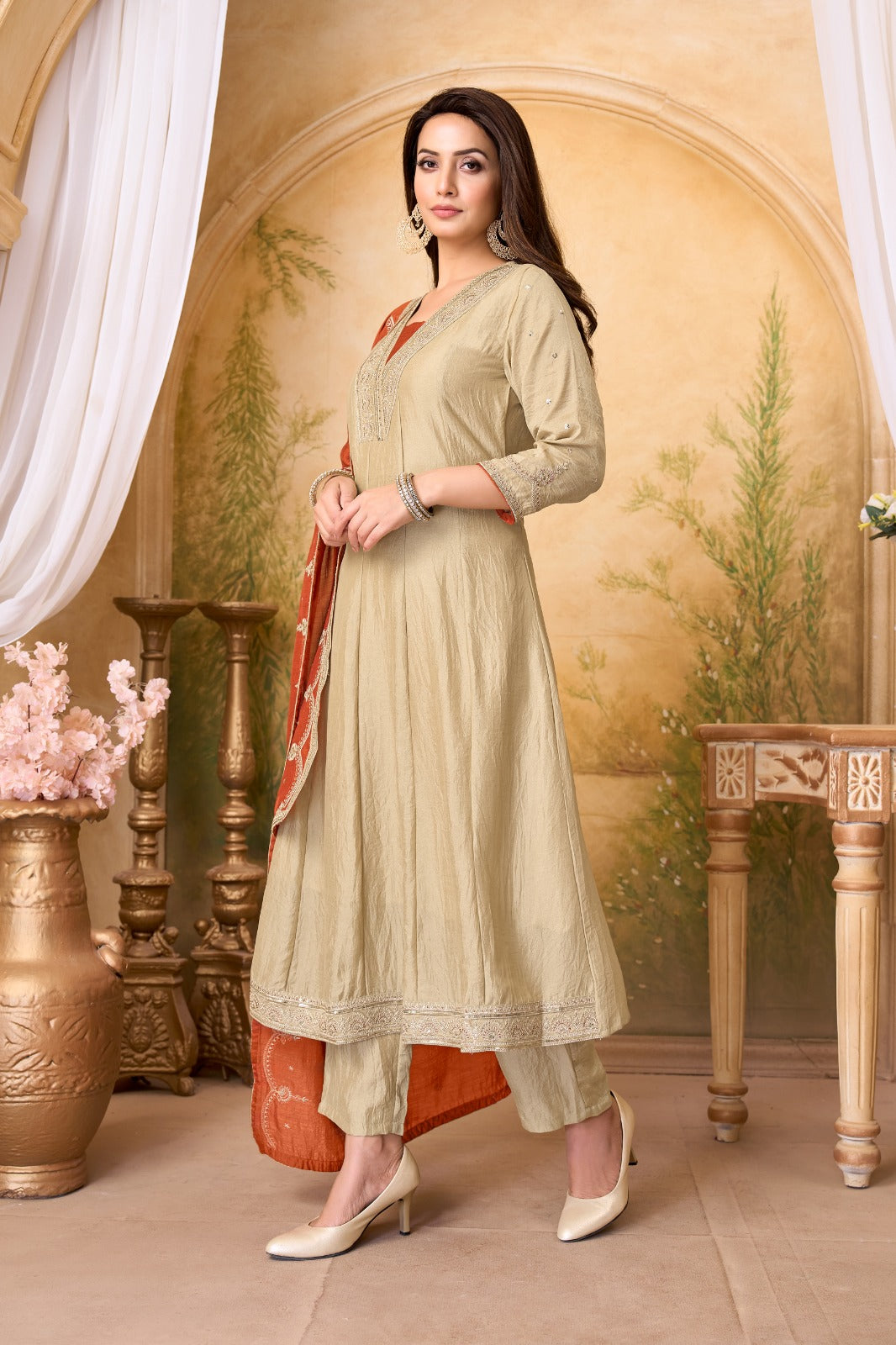 Anaita Cream Rust Anarkali Readymade Suit with Embroidery Work - Dista