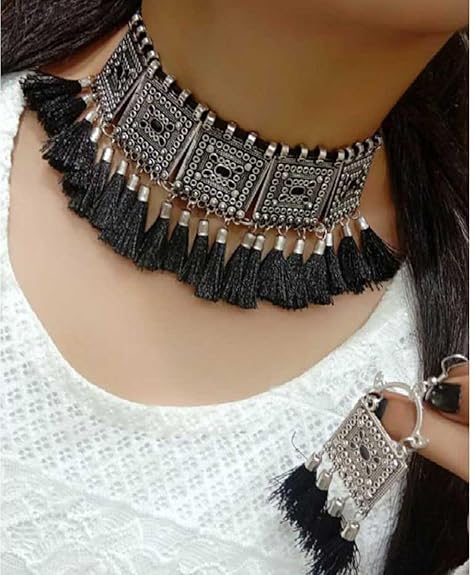 Tehzeeb Creations Women's Silver Colour Oxidised Necklace And Earrings With Black Yarn Design - Distacart