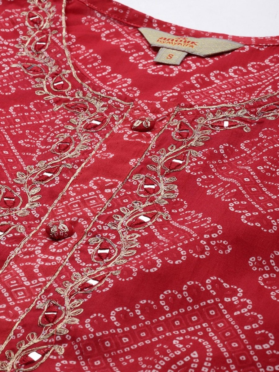 Anouk Red & White Bandhani Print Mirror Work Cotton Straight Kurta Trousers Dupatta - Distacart