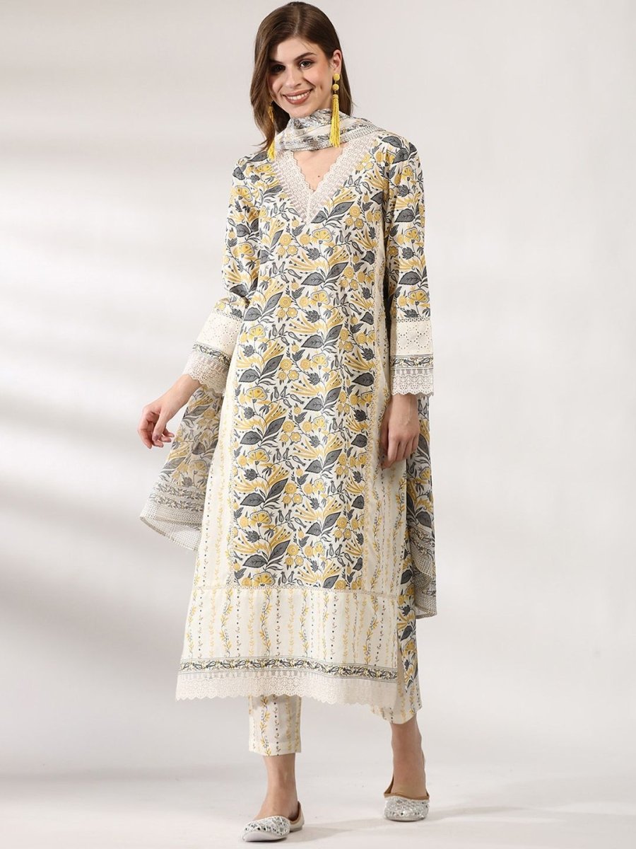 Anouk Floral Printed Regular Thread Work Pure Cotton Kurta With Trousers & Dupatta - Distacart