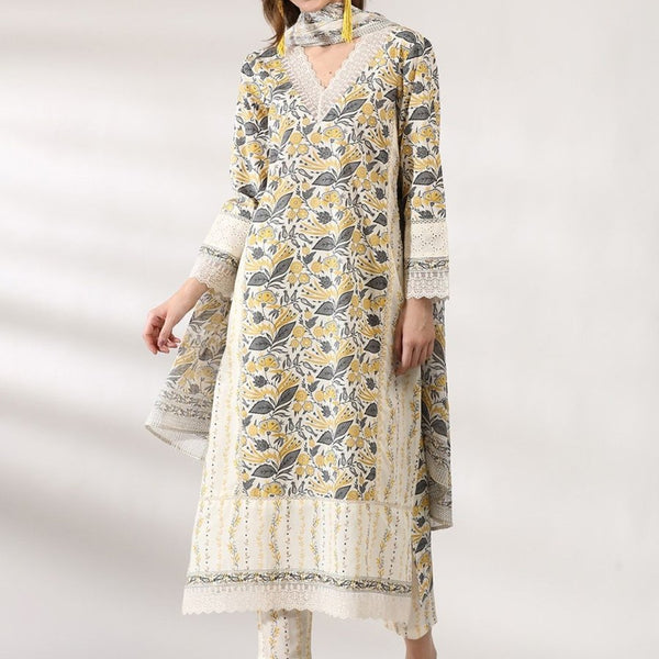 Anouk Floral Printed Regular Thread Work Pure Cotton Kurta With Trousers & Dupatta - Distacart