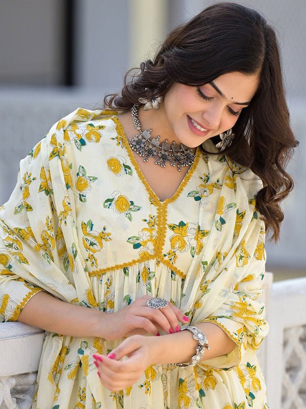 Vishudh Floral Printed Empire Pure Cotton Kurta with Trouser & Dupatta - Distacart