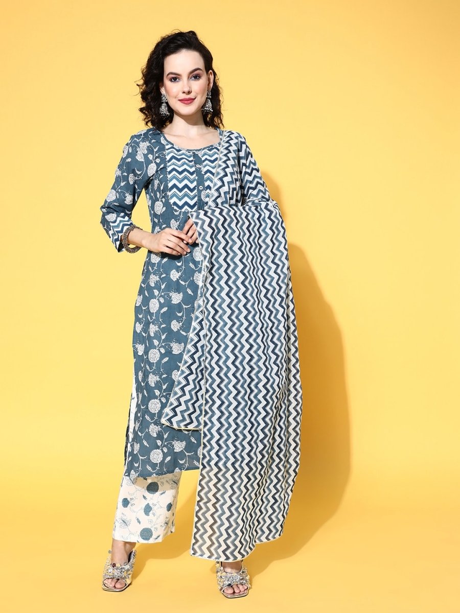 All About You Blue Floral Printed Gotta Patti Pure Cotton Kurta With Trousers & Dupatta - Distacart