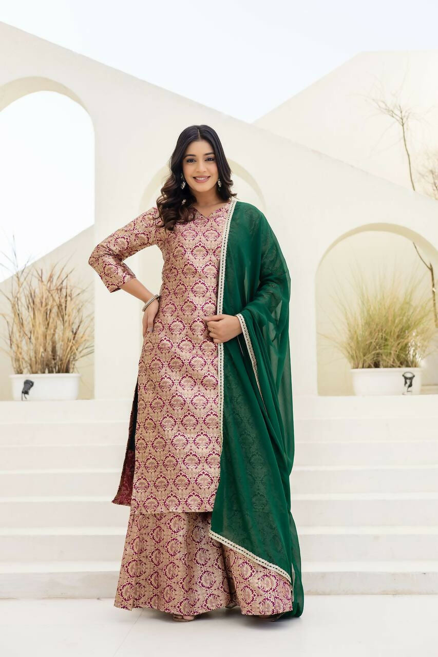 Joban Fashion Peach Jacquard Embroidered Sharara Set - Distacart