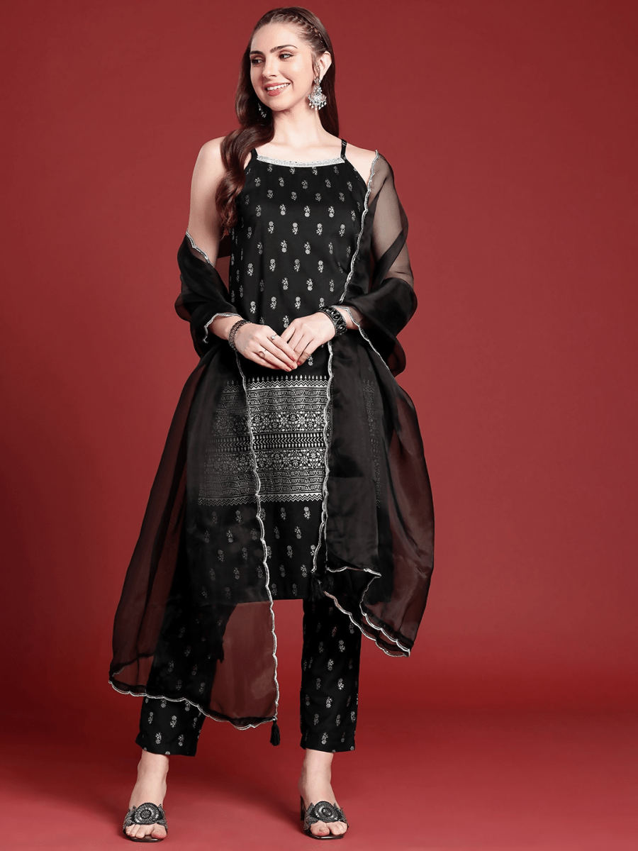Anouk Ethnic Motifs Printed Regular Sequinned Kurta with Trousers & Dupatta - Distacart