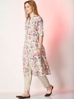Thumbnail for Sangria Off White Floral Printed Mandarin Collar Cotton A-Line Kurta