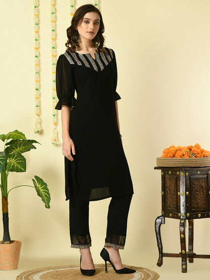 Myshka Women's Black Georgette Kurta With Trousers Party Sets - Distacart