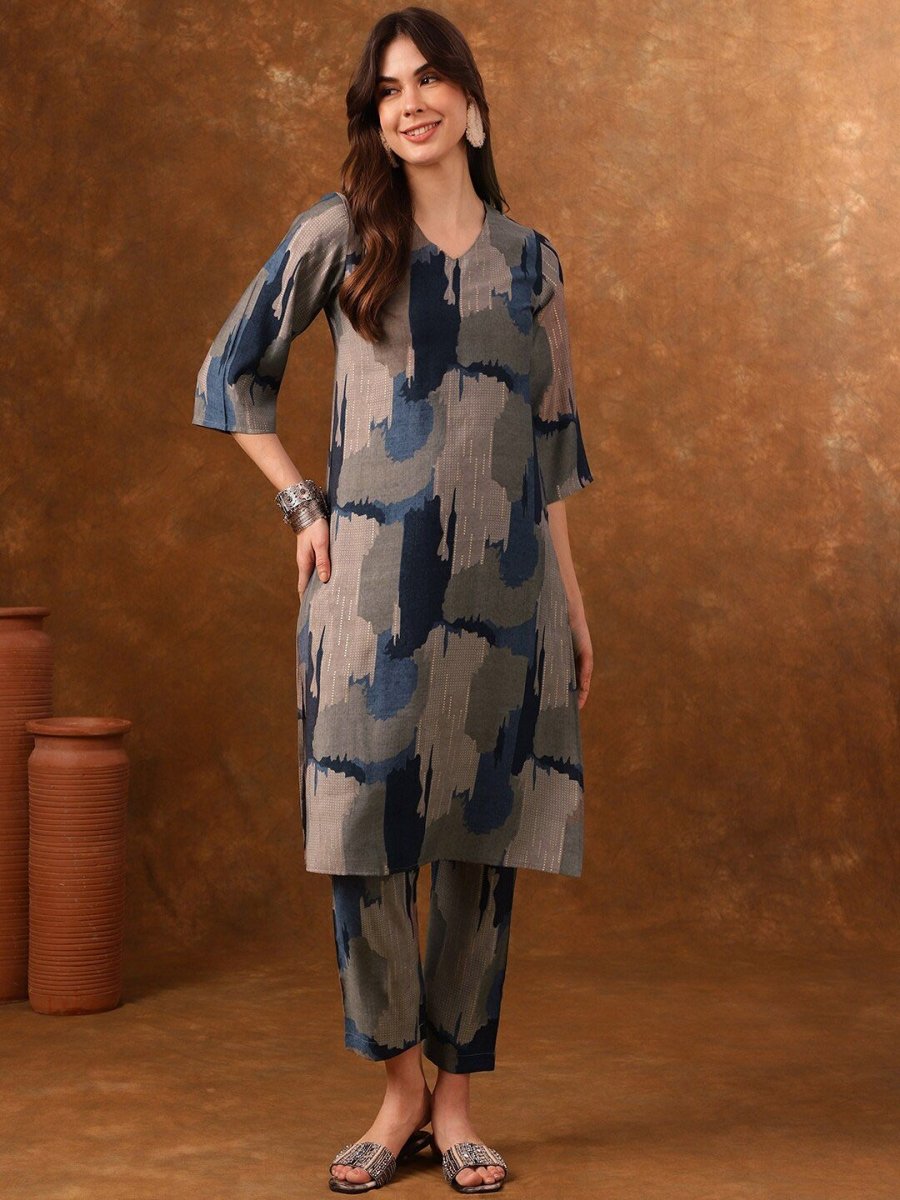 Anouk Grey Abstract Printed Regular Kurta with Trousers - Distacart