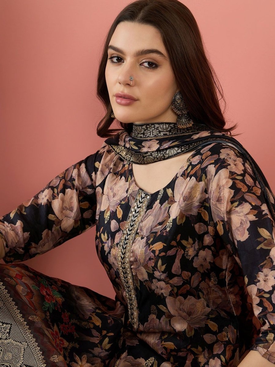 Anouk Floral Embroidered Straight Zari Pure Silk Kurta with Trousers & Dupatta - Distacart