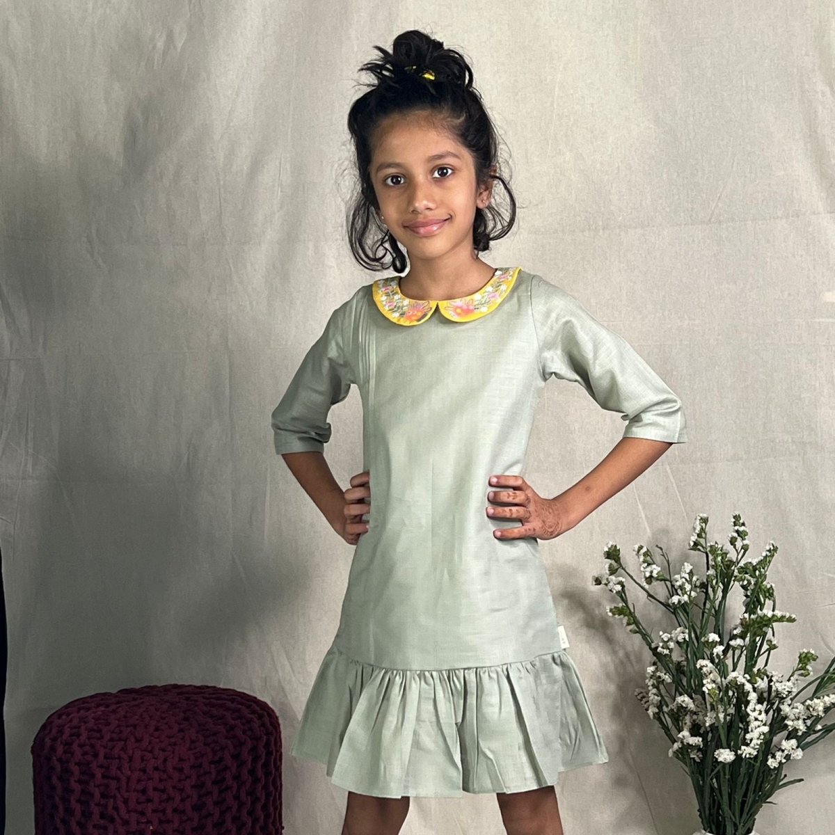 ArthLife Green & Yellow Pepa Collared Dress - Distacart