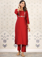 Thumbnail for Ode by House of Pataudi Floral Embroidered Yoke Sequined Straight Kurta with Trousers - Distacart