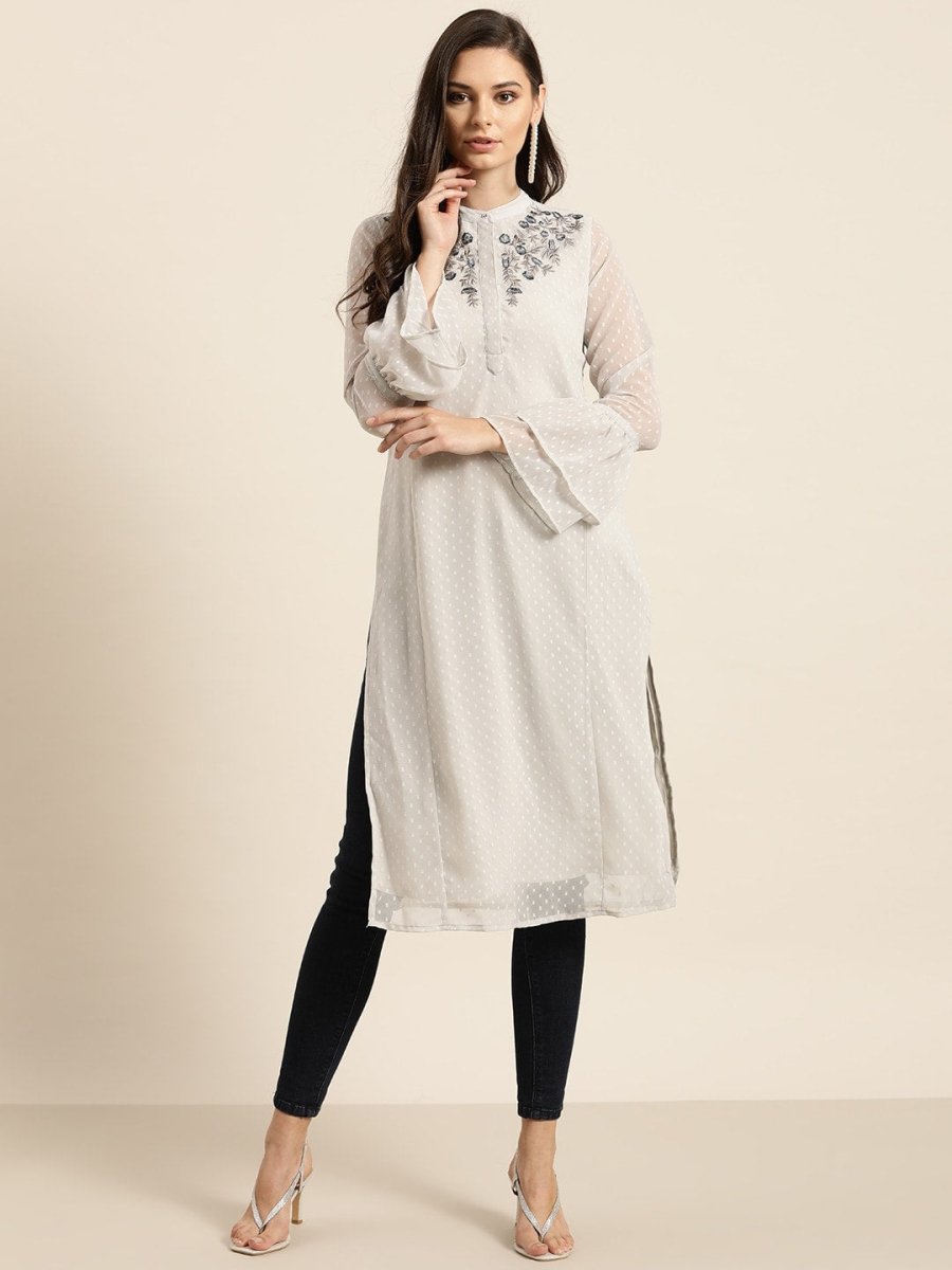 All About You Women Grey Bell Sleeves Yoke Design Thread Work Dobby Kurta - Distacart
