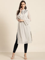 Thumbnail for All About You Women Grey Bell Sleeves Yoke Design Thread Work Dobby Kurta - Distacart