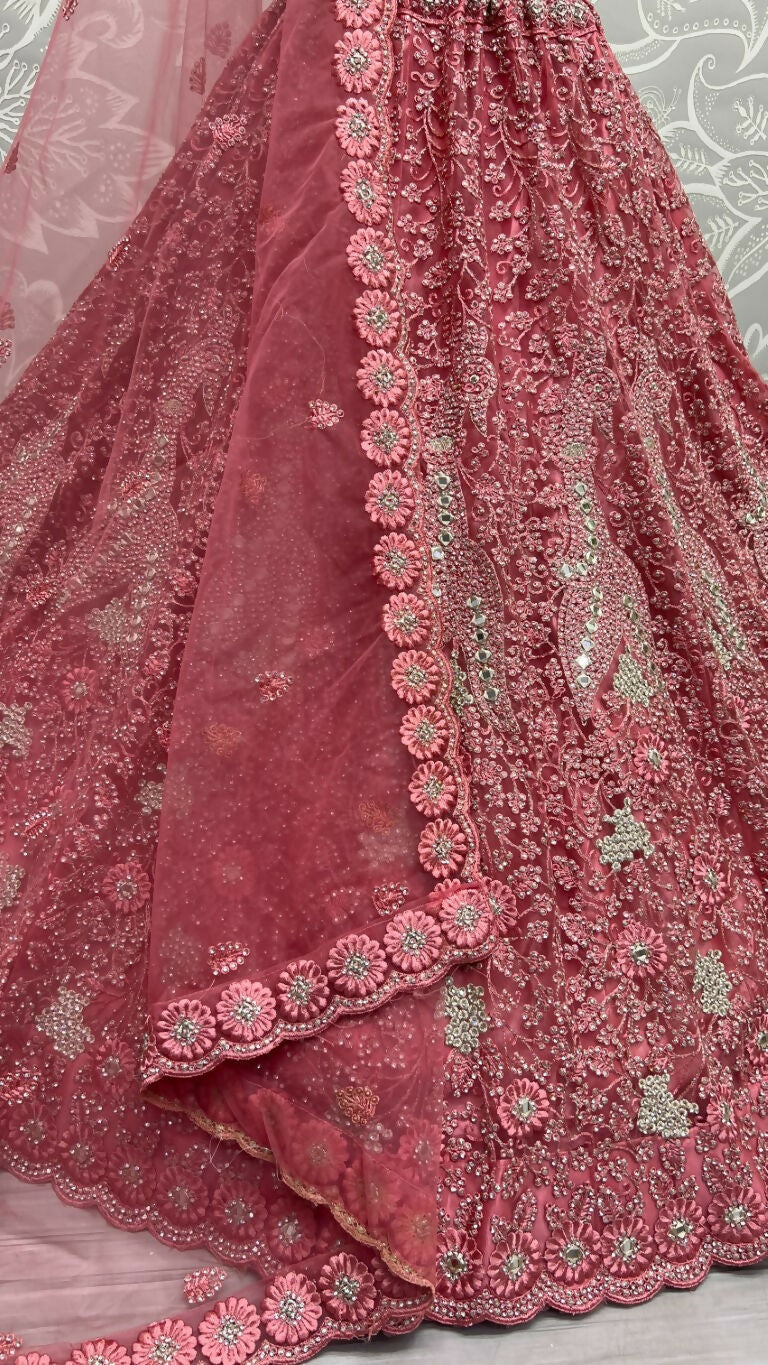 Jyoti Fashion Women's Pink Bridal Net Fancy Dori, Multi Thread, Hand Mirror and Diamond Work Wedding Lehenga Choli - Distacart