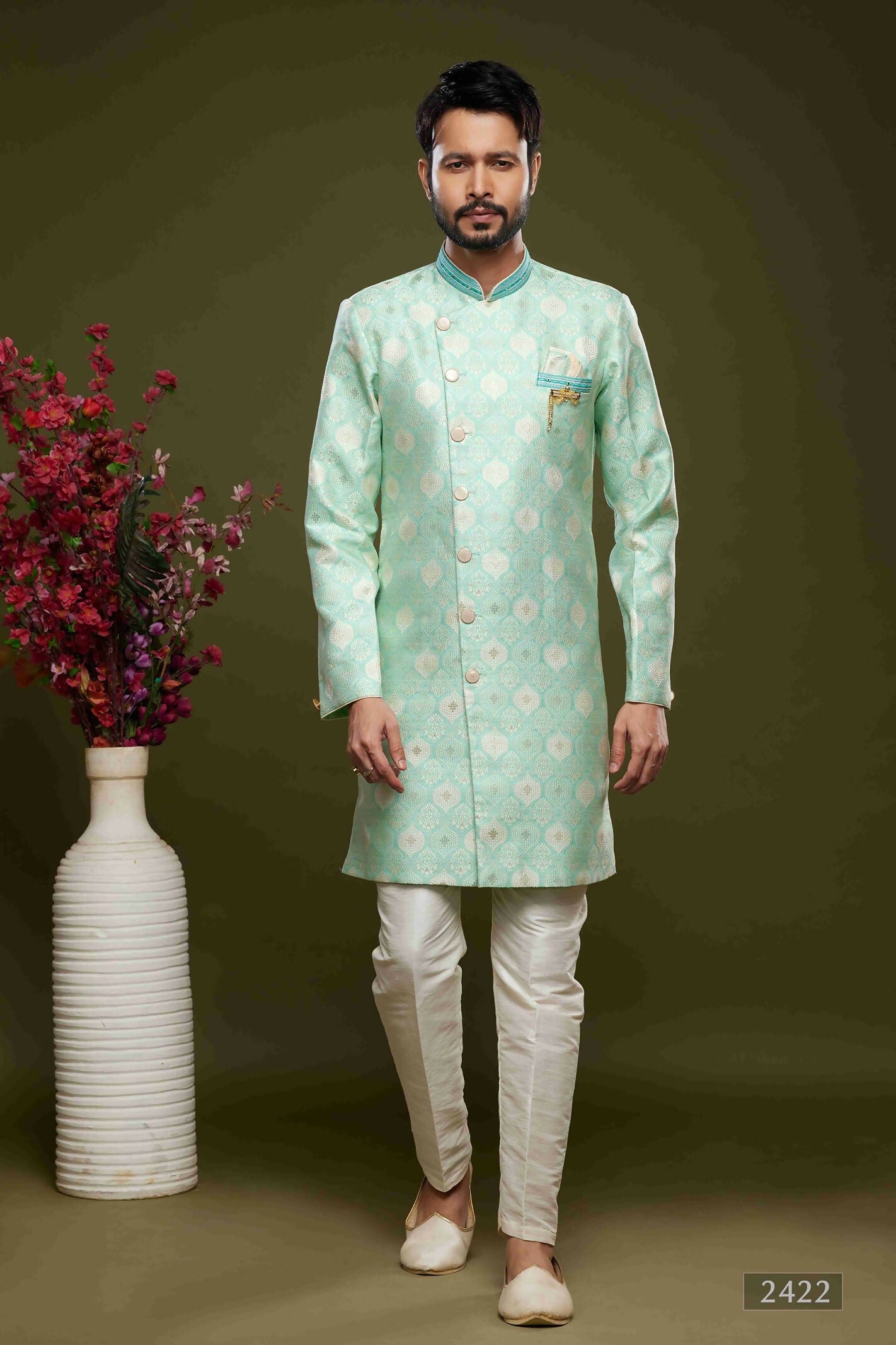 Raivat Ethnic Banarasi Jacquard Embroidery Semi Indo Western Sherwani In Pista Green Colour