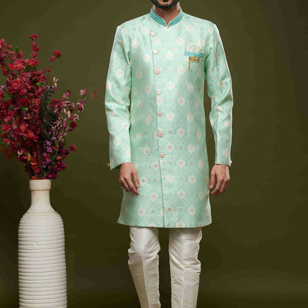 Raivat Ethnic Banarasi Jacquard Embroidery Semi Indo Western Sherwani In Pista Green Colour