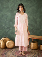 Thumbnail for The52 Baby pink Women's Gorgeous Cotton Blend Fabric Thread Work Straight Kurta, Pant and Dupatta Set - Distacart