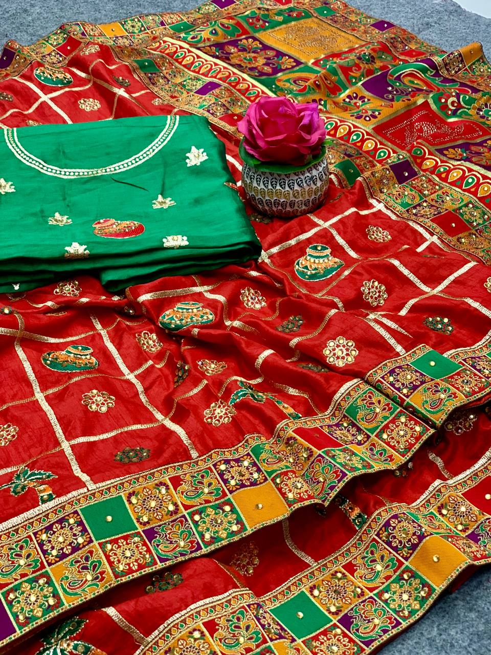 Lorenvalley Fashion Premium Red Dola Silk Embroidery and Diamond work with Jacquard Lace Border Saree - Distacart