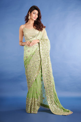 Teeya Creation Mahendi Color Georgette Embroidery Work Saree - Distacart