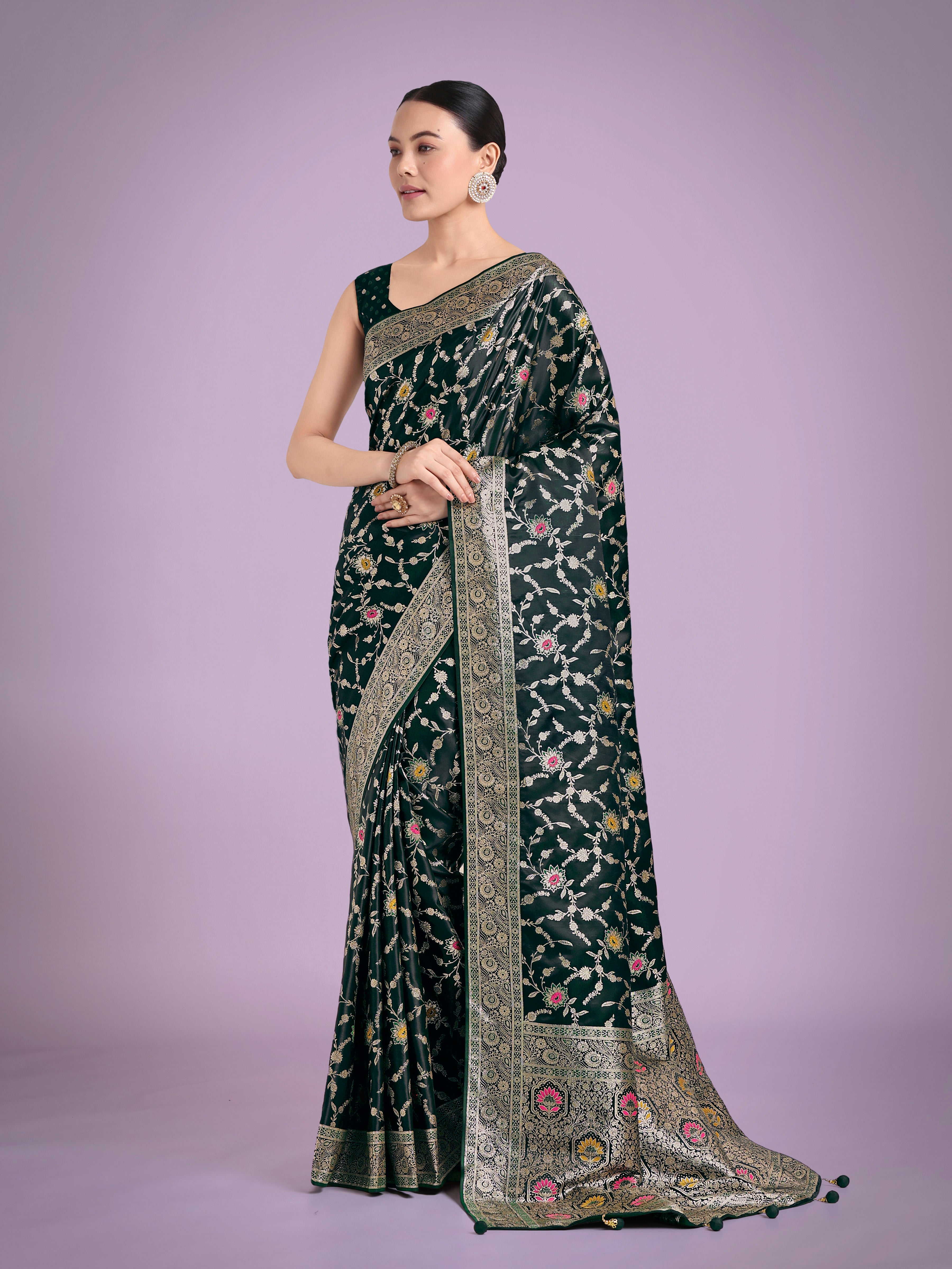 Monjolika Fashion Dark Green Zari Woven Banarasi Classic Satin Silk Saree