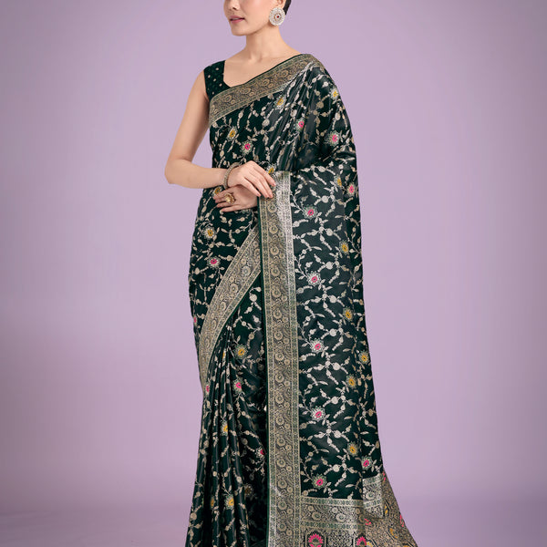 Monjolika Fashion Dark Green Zari Woven Banarasi Classic Satin Silk Saree - Distacart