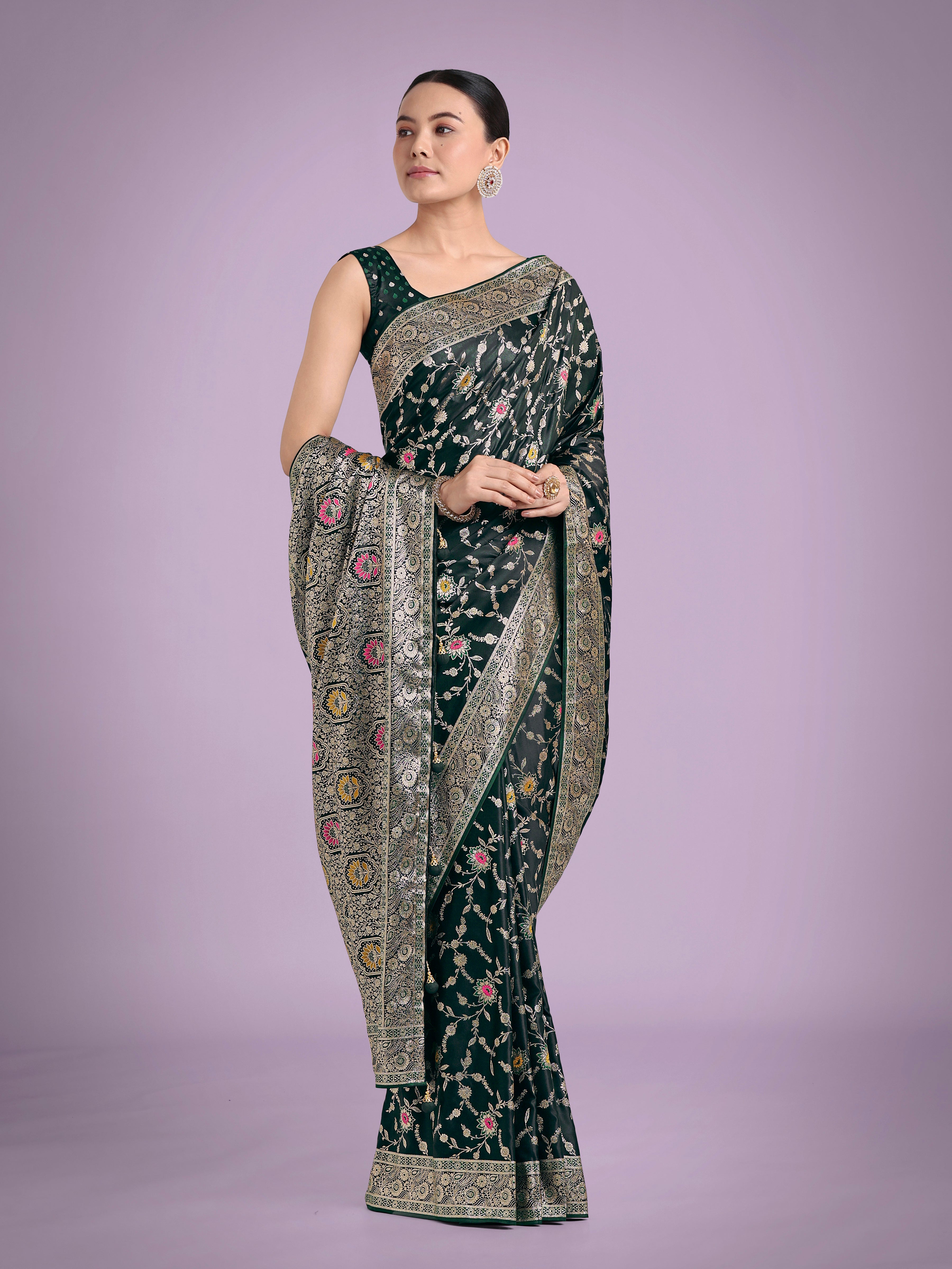 Monjolika Fashion Dark Green Zari Woven Banarasi Classic Satin Silk Saree