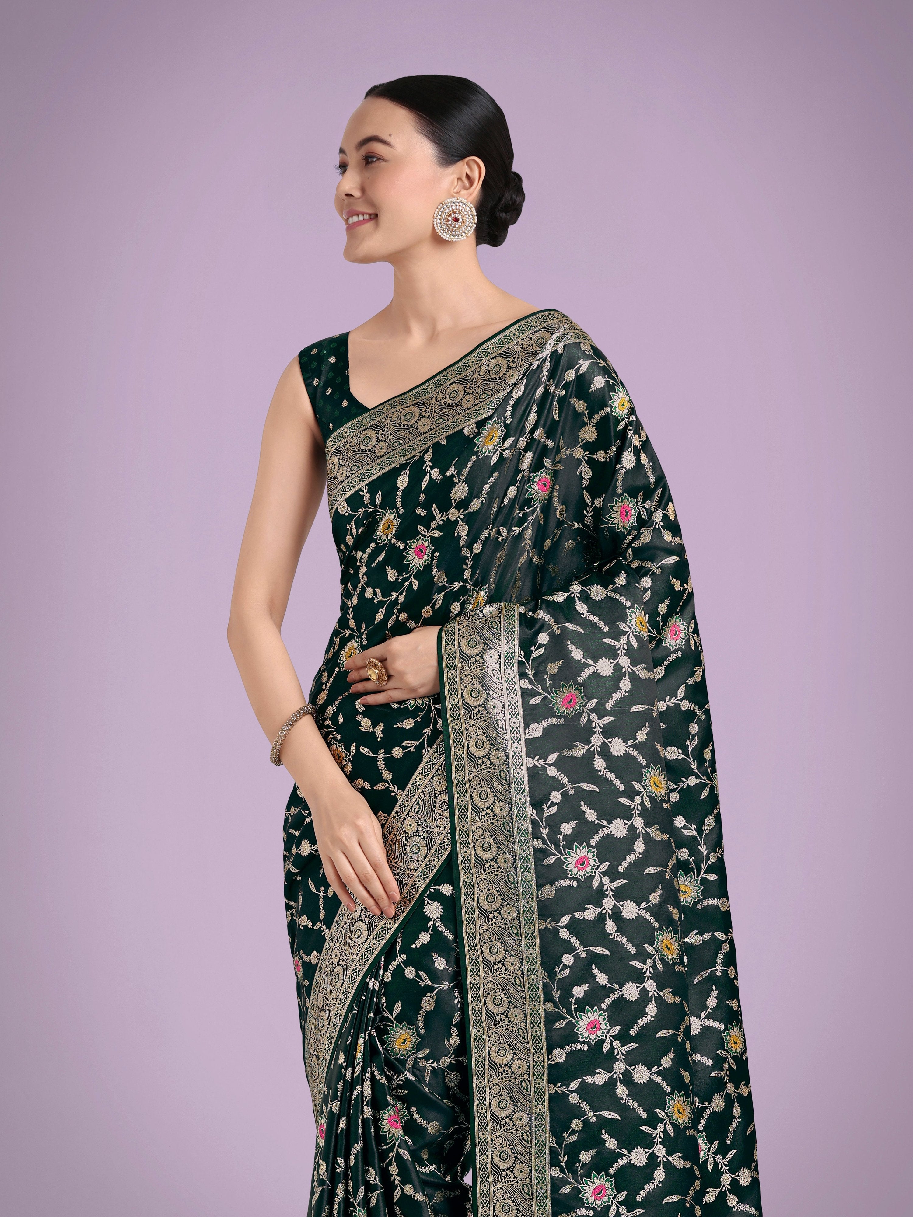 Monjolika Fashion Dark Green Zari Woven Banarasi Classic Satin Silk Saree