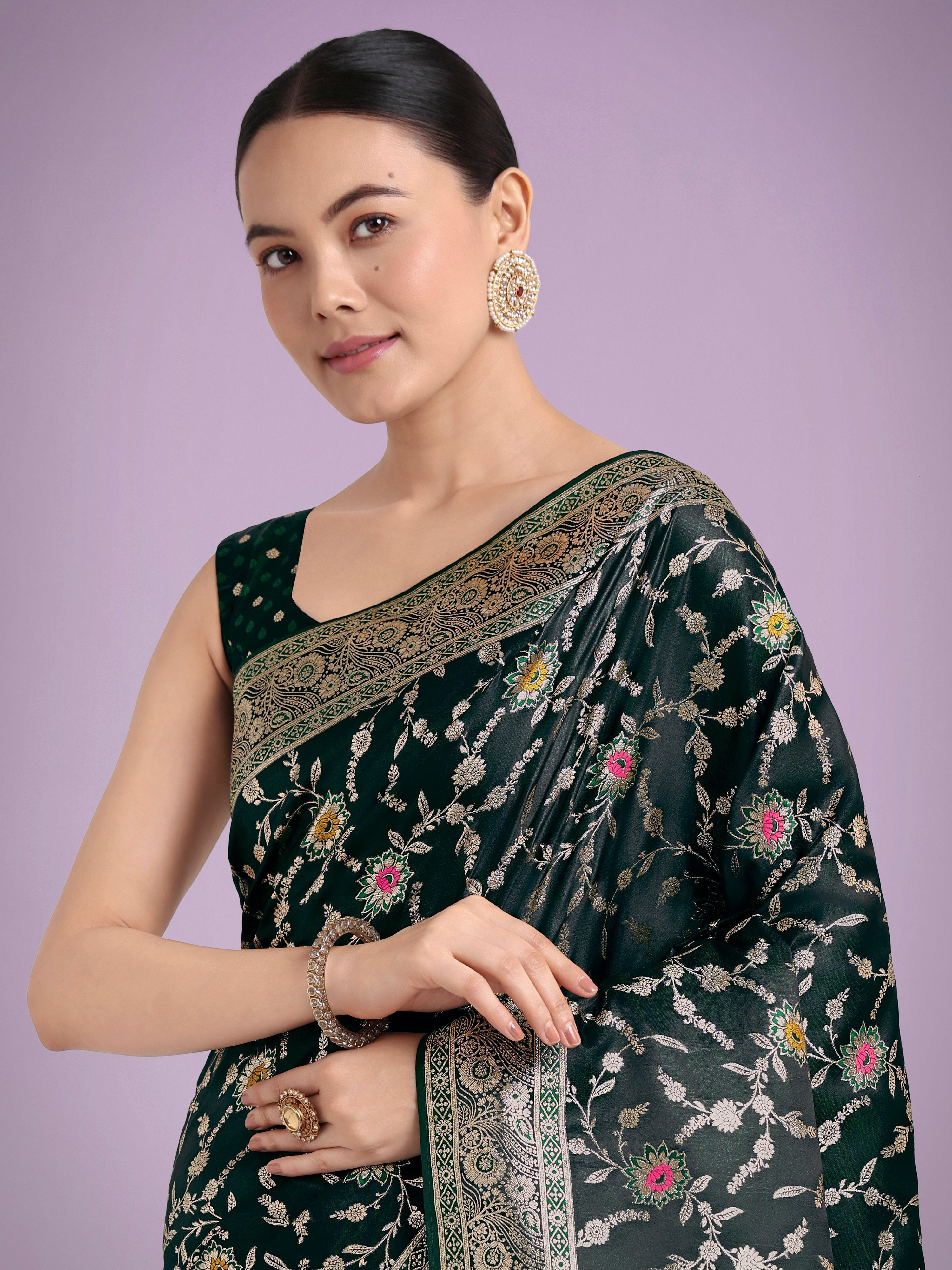Monjolika Fashion Dark Green Zari Woven Banarasi Classic Satin Silk Saree
