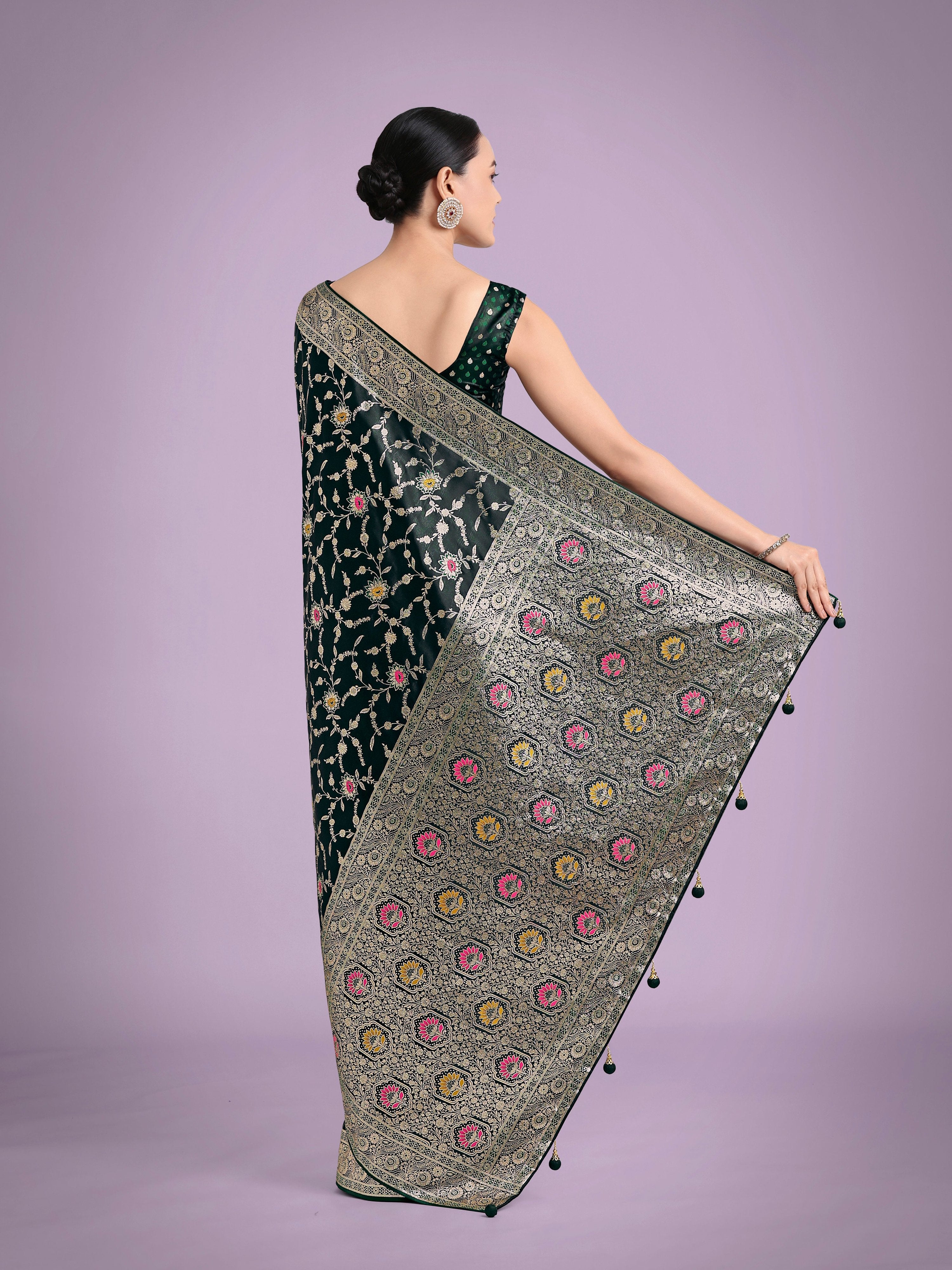 Monjolika Fashion Dark Green Zari Woven Banarasi Classic Satin Silk Saree