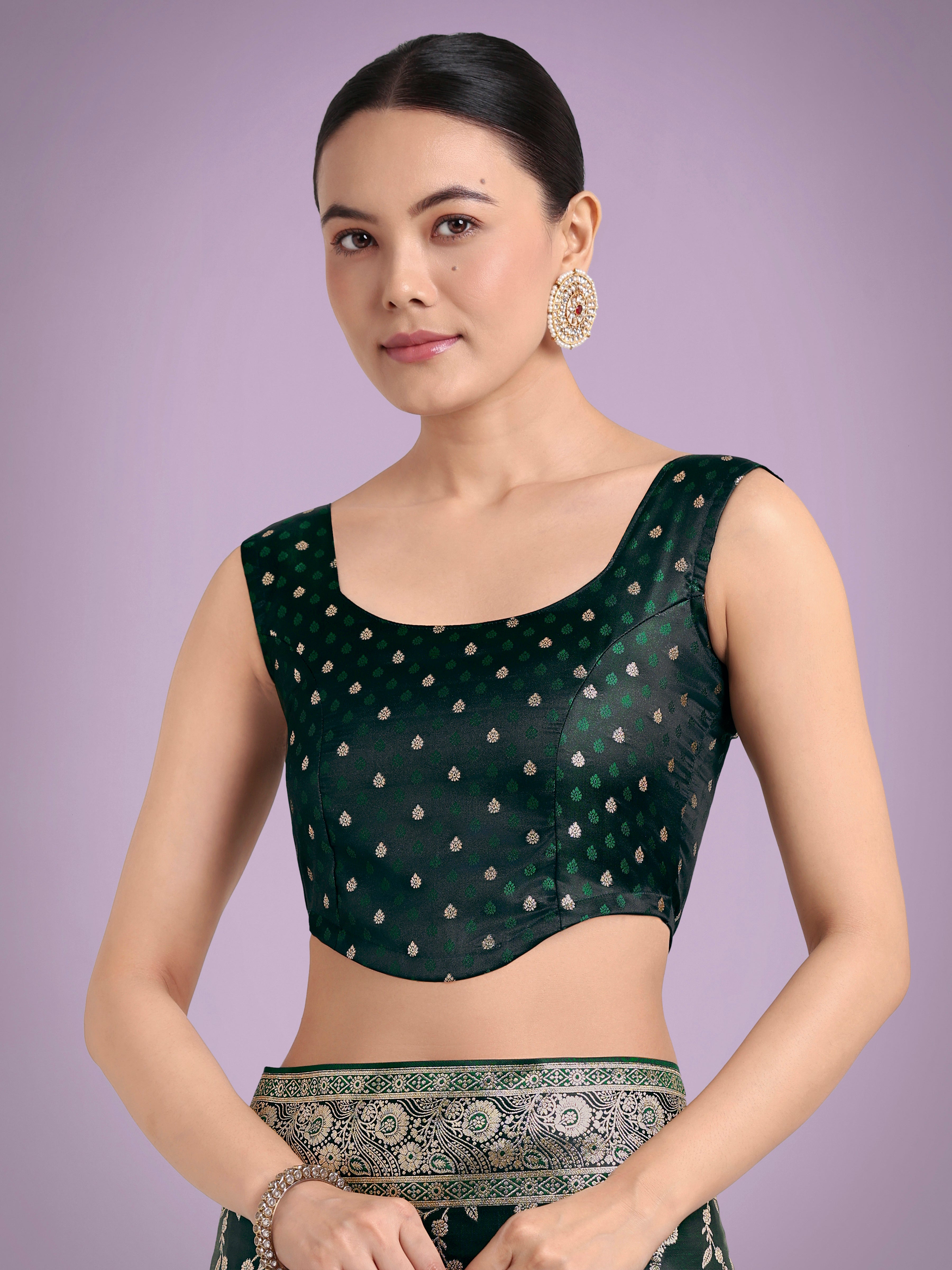 Monjolika Fashion Dark Green Zari Woven Banarasi Classic Satin Silk Saree