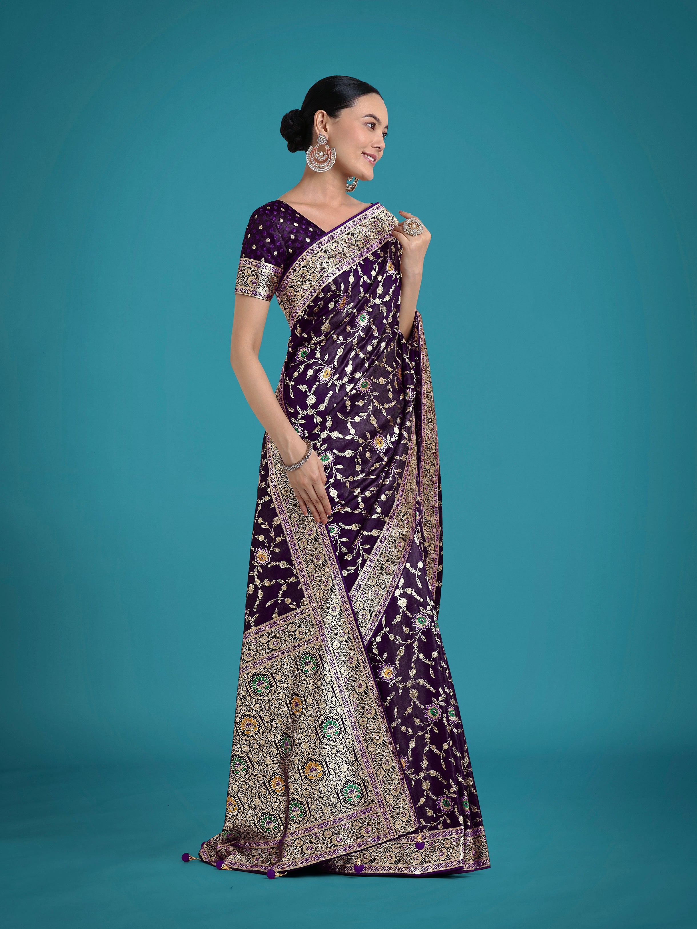 Monjolika Fashion Dark Purple Zari Woven Banarasi Classic Satin Silk Saree