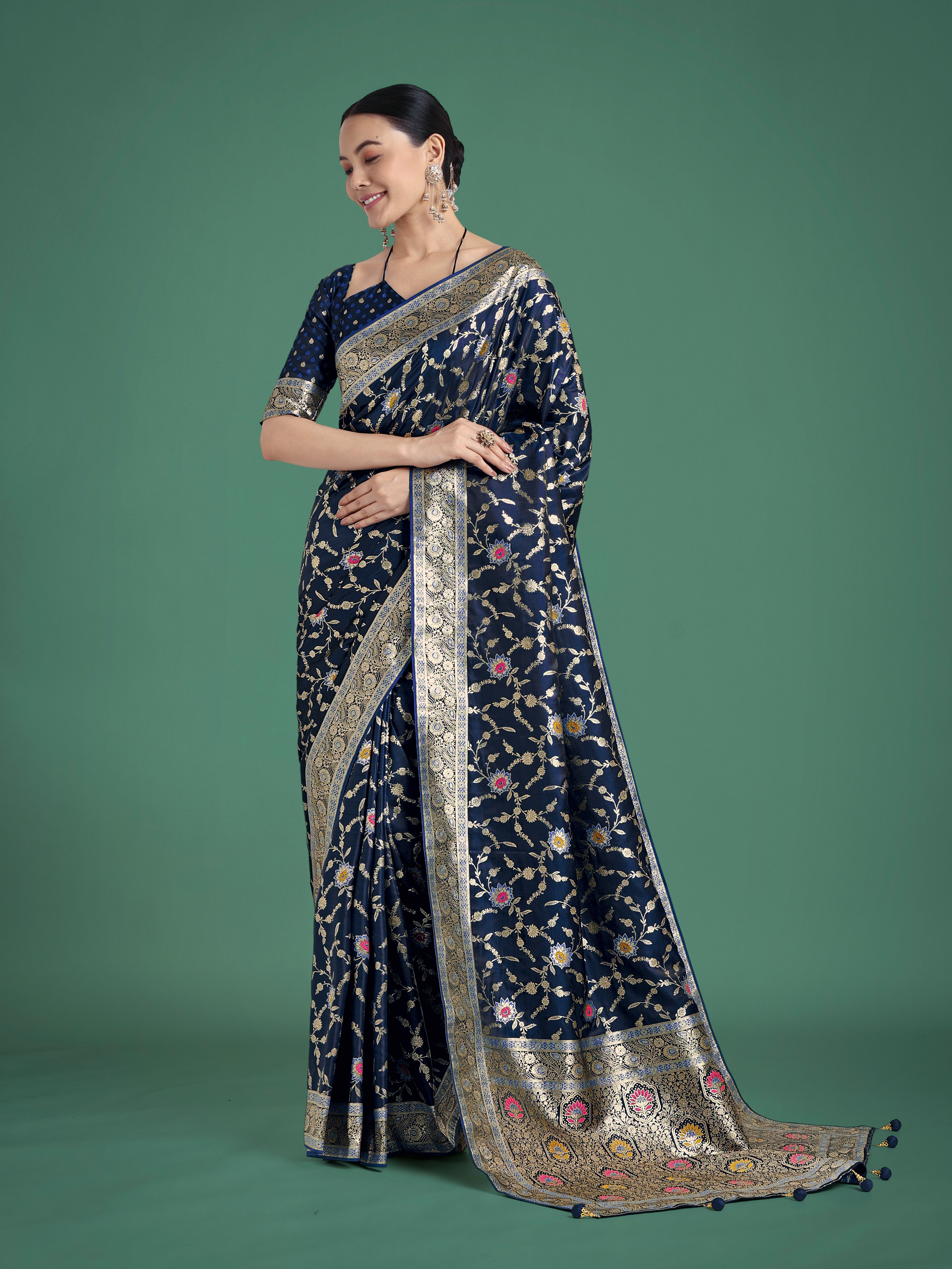 Monjolika Fashion Dark Blue Zari Woven Banarasi Classic Satin Silk Saree