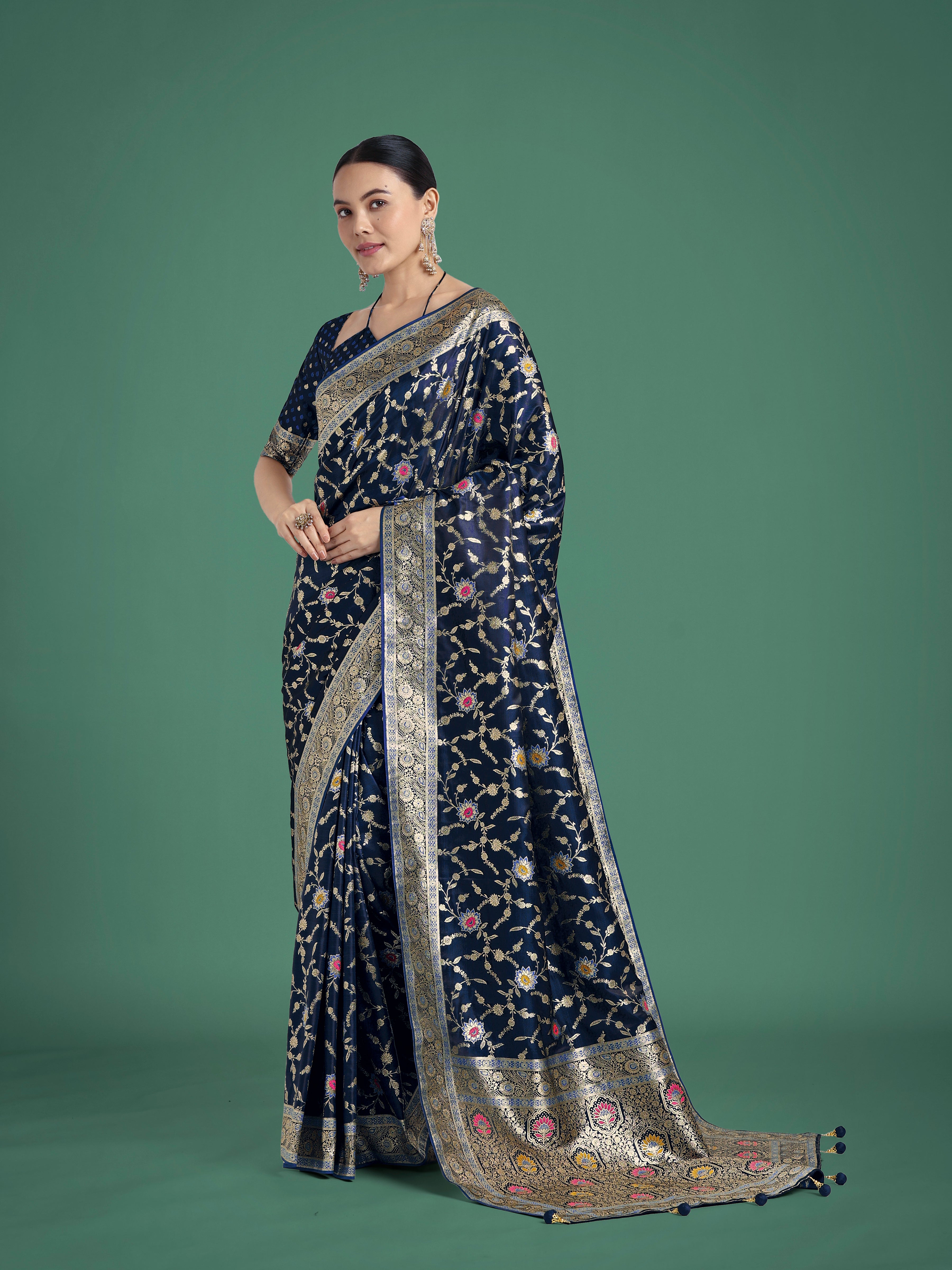 Monjolika Fashion Dark Blue Zari Woven Banarasi Classic Satin Silk Saree
