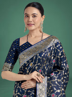 Thumbnail for Monjolika Fashion Dark Blue Zari Woven Banarasi Classic Satin Silk Saree