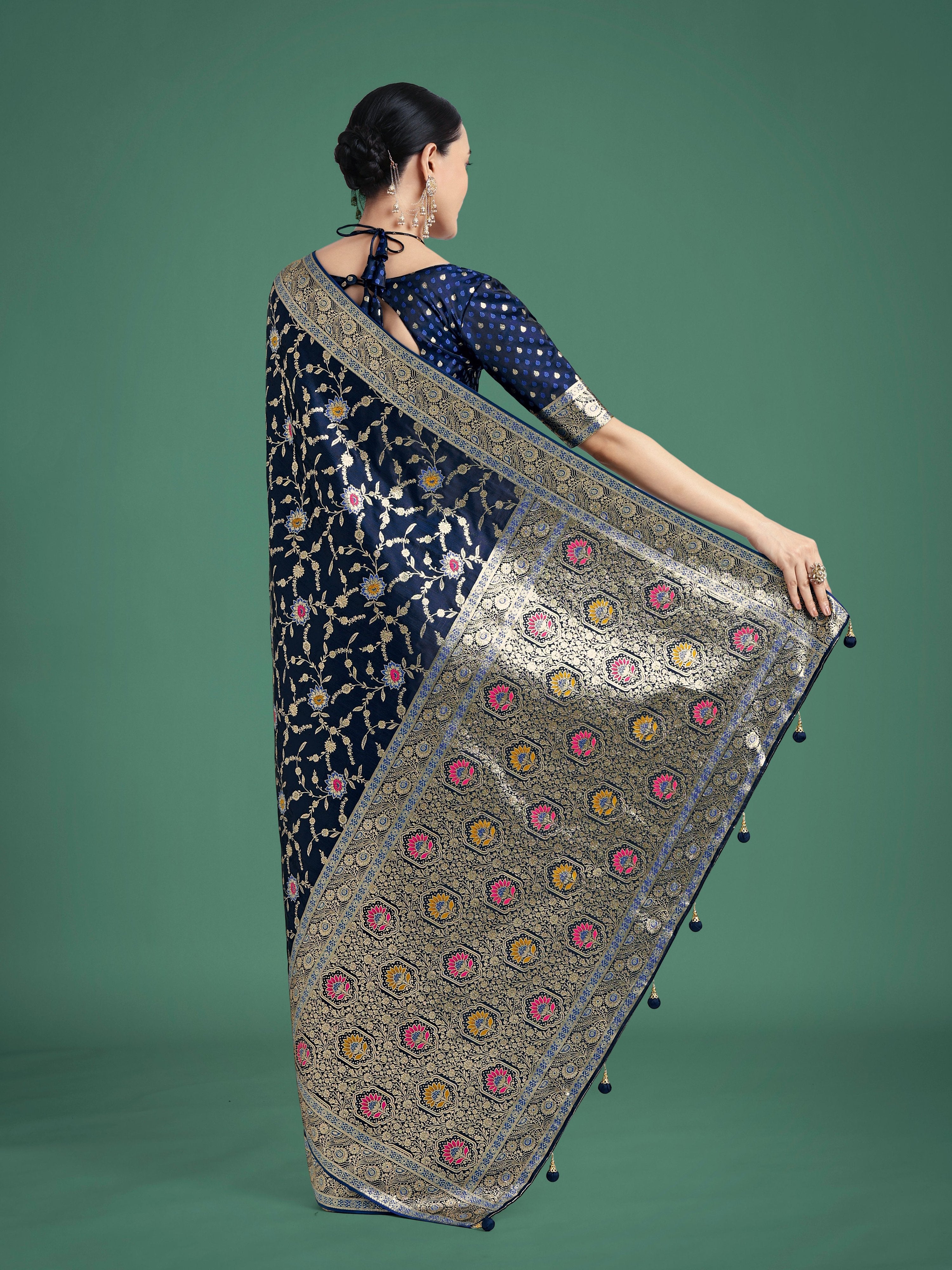 Monjolika Fashion Dark Blue Zari Woven Banarasi Classic Satin Silk Saree