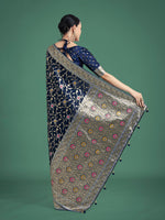 Thumbnail for Monjolika Fashion Dark Blue Zari Woven Banarasi Classic Satin Silk Saree