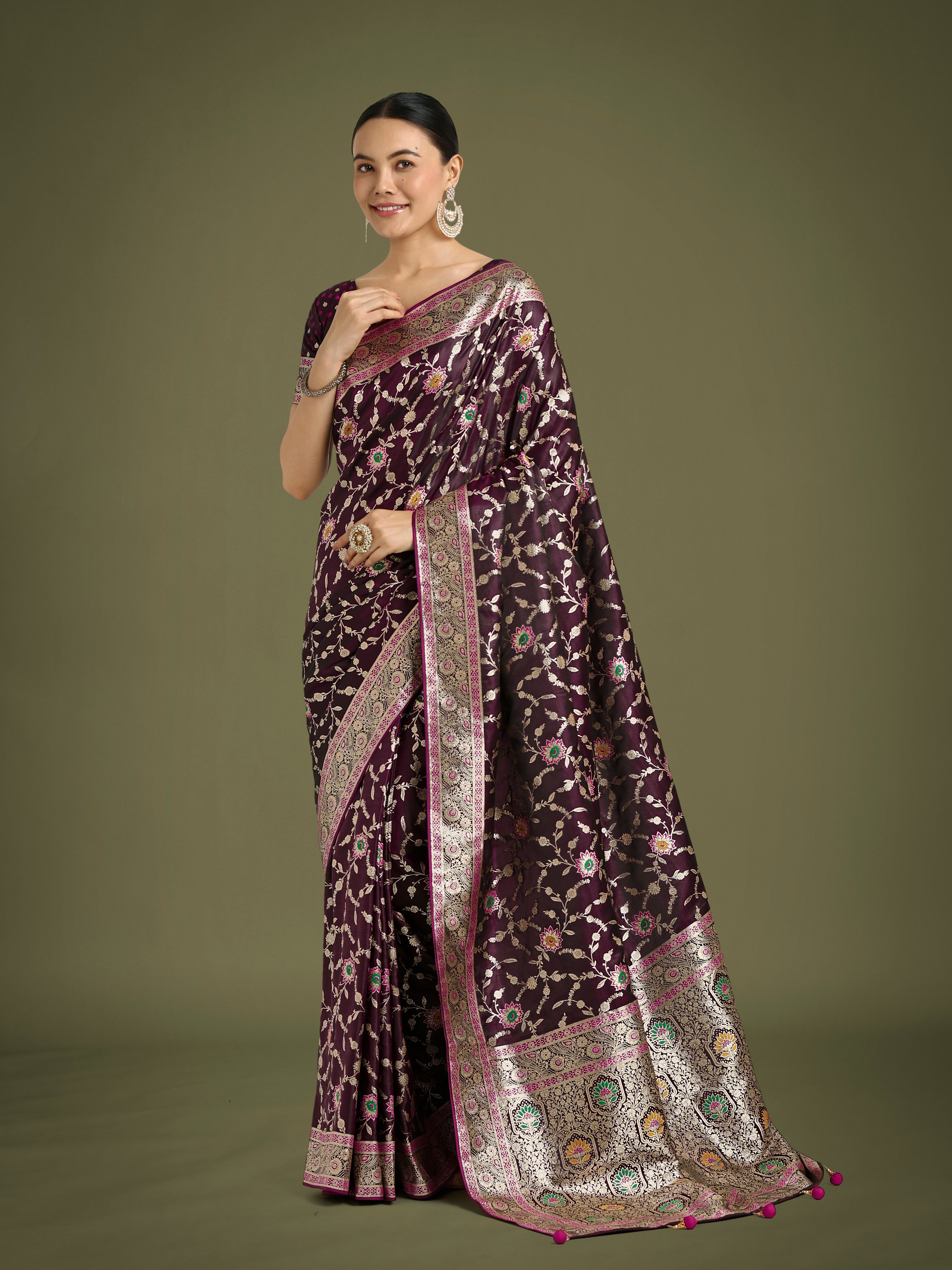 Monjolika Fashion Wine Zari Woven Banarasi Classic Satin Silk Saree