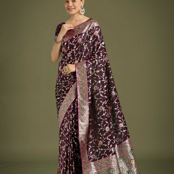Monjolika Fashion Wine Zari Woven Banarasi Classic Satin Silk Saree - Distacart