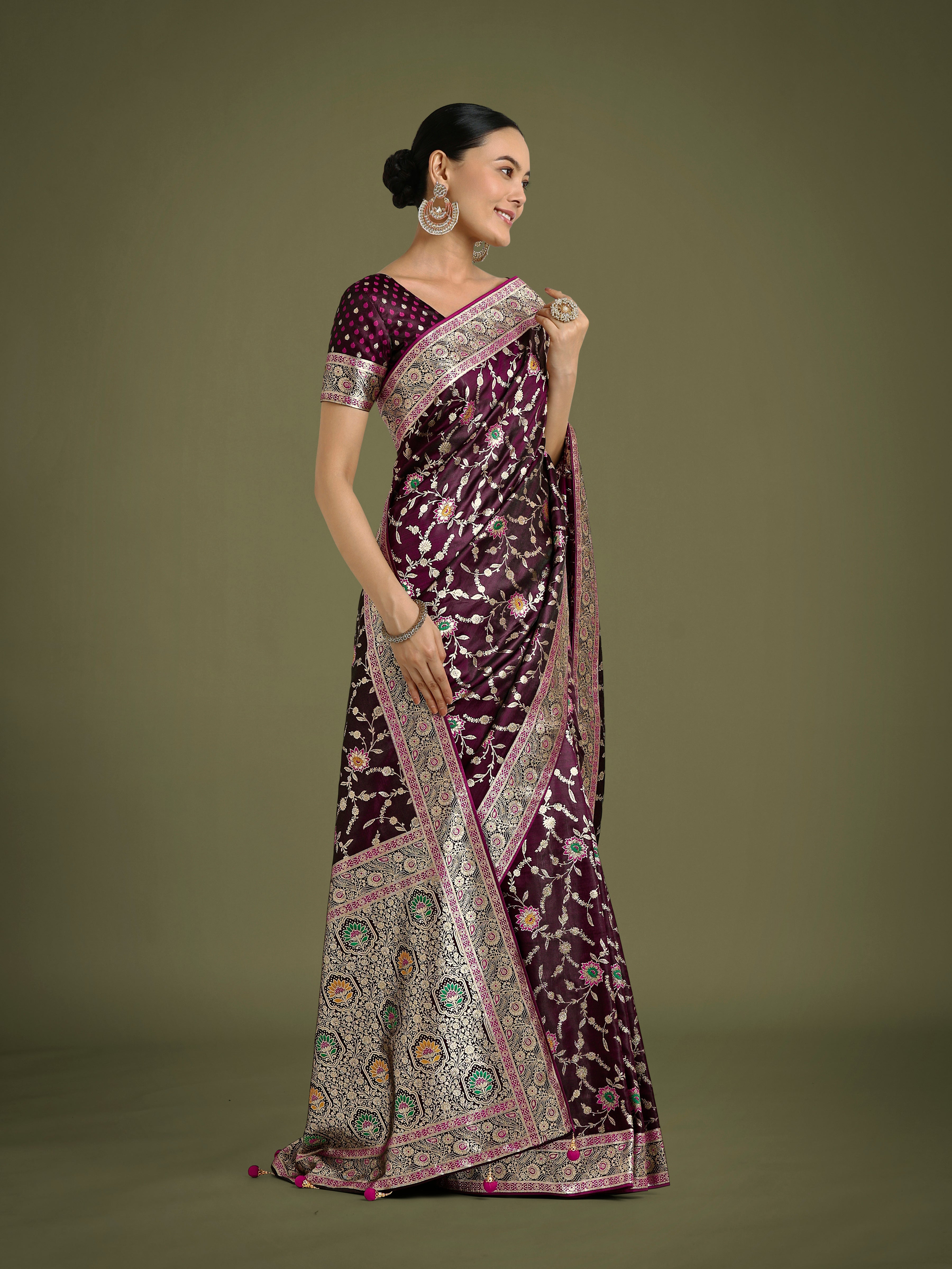 Monjolika Fashion Wine Zari Woven Banarasi Classic Satin Silk Saree