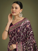 Thumbnail for Monjolika Fashion Wine Zari Woven Banarasi Classic Satin Silk Saree