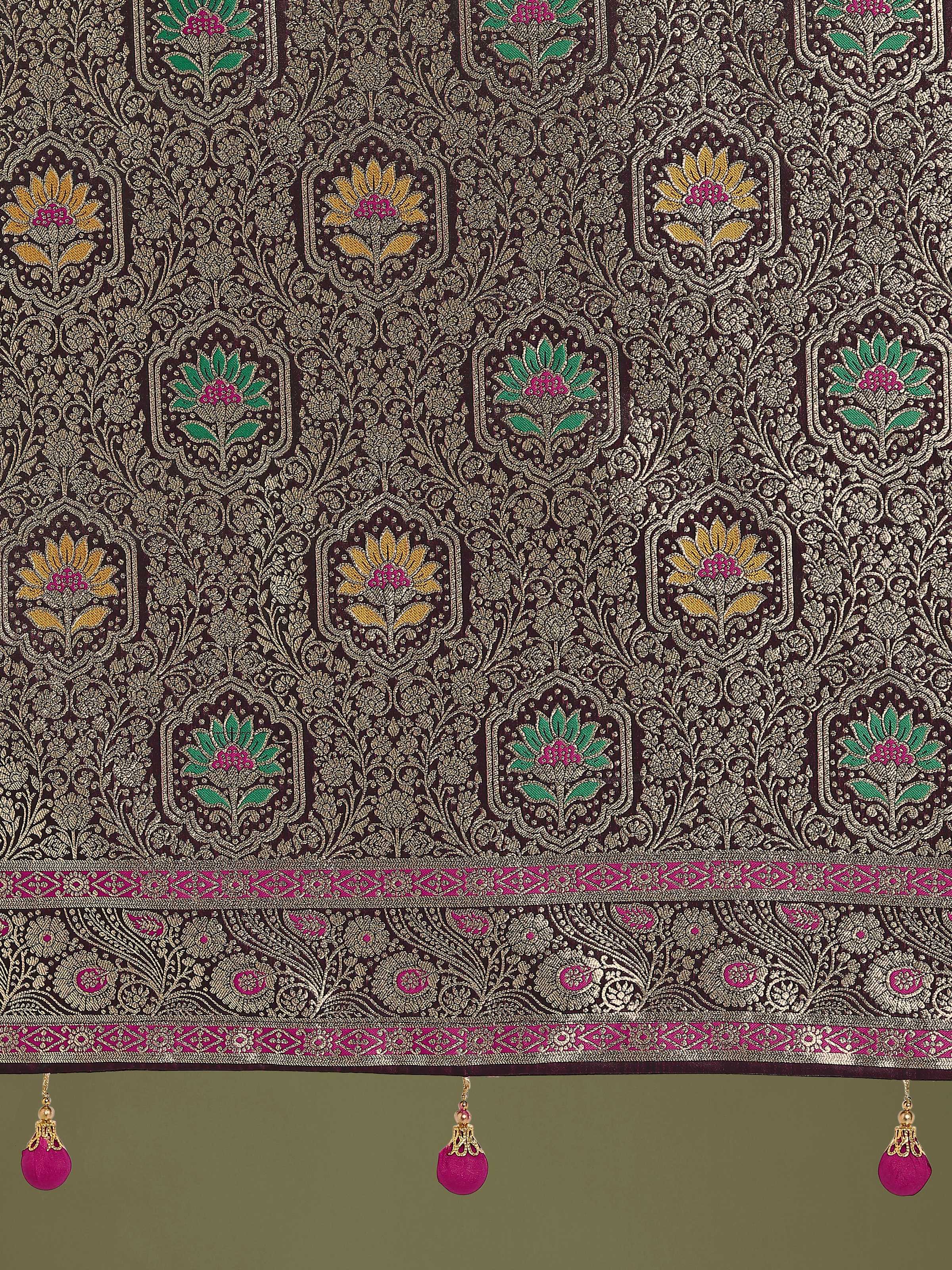 Monjolika Fashion Wine Zari Woven Banarasi Classic Satin Silk Saree