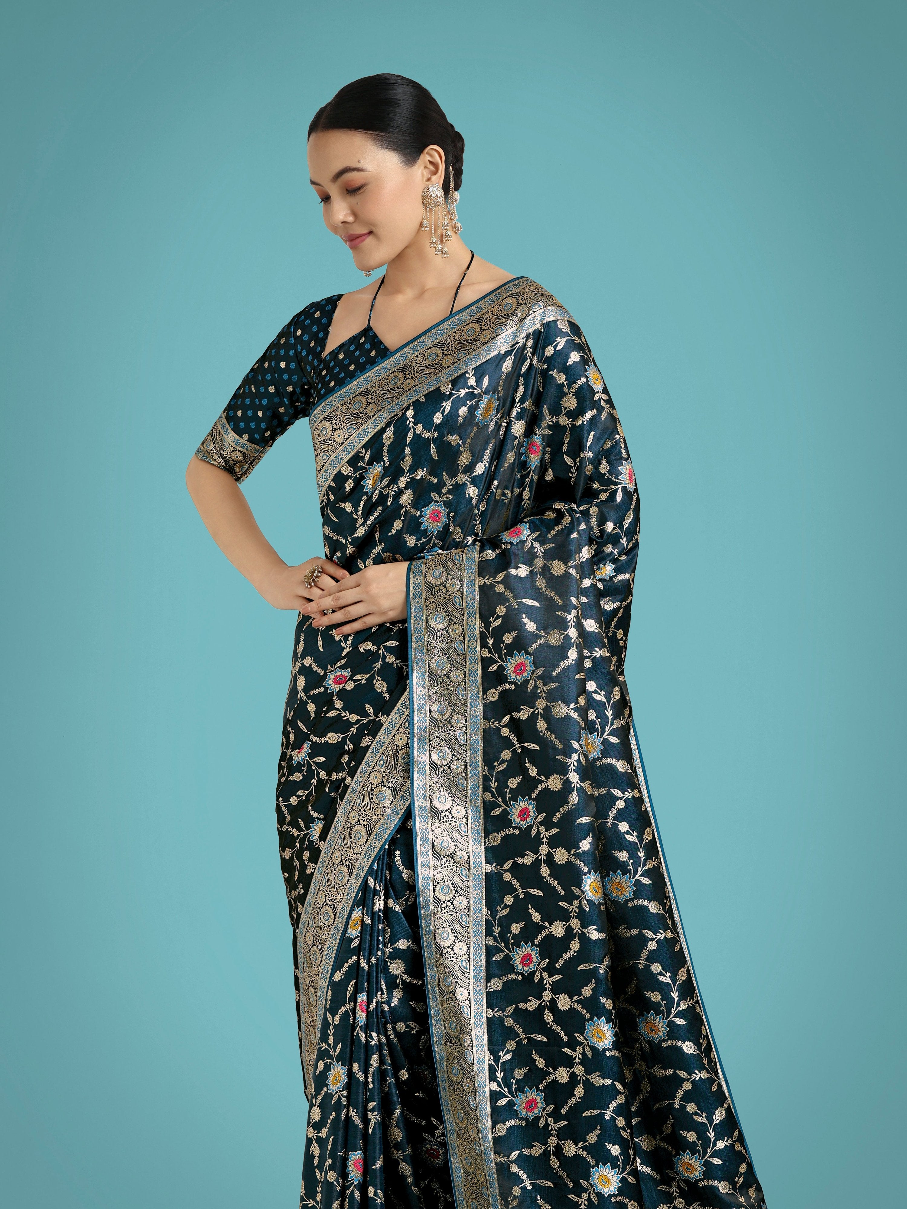 Monjolika Fashion Dark Teal Zari Woven Banarasi Classic Satin Silk Saree