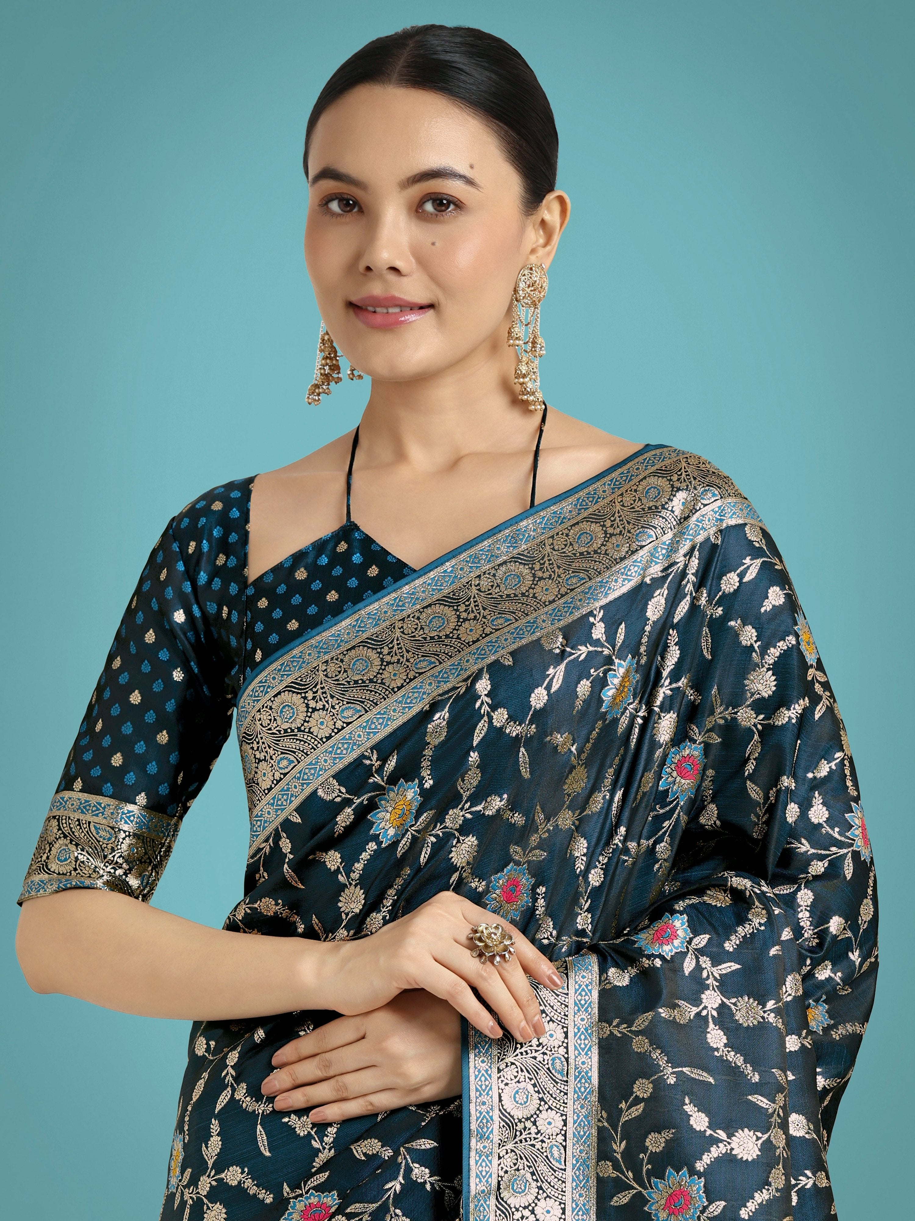 Monjolika Fashion Dark Teal Zari Woven Banarasi Classic Satin Silk Saree