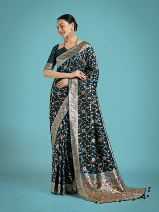 Monjolika Fashion Dark Teal Zari Woven Banarasi Classic Satin Silk Saree