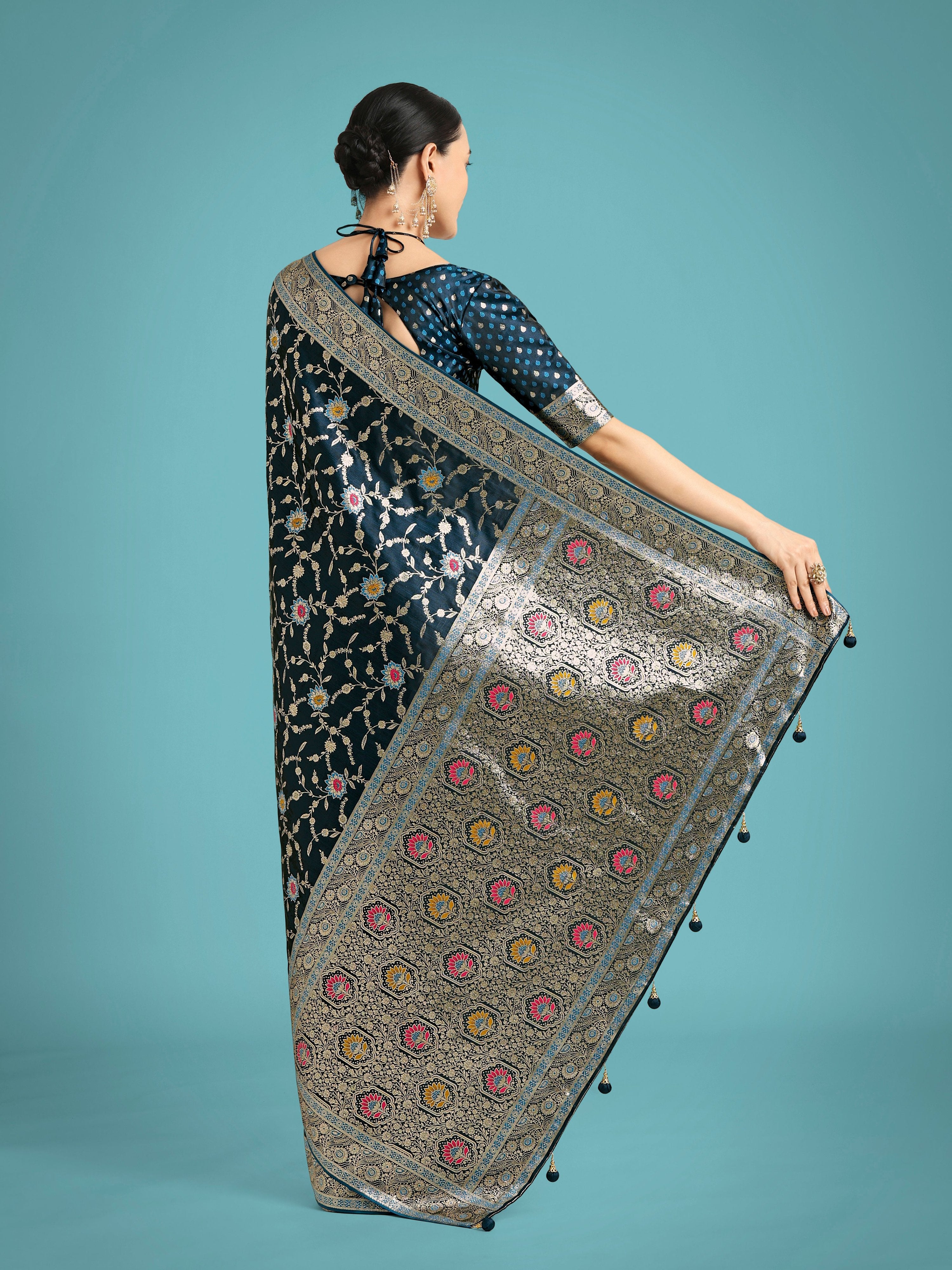 Monjolika Fashion Dark Teal Zari Woven Banarasi Classic Satin Silk Saree
